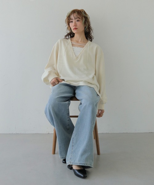 CLEIO】レースアップワッフルボーダートップス LACE-UP WAFFLE BORDER