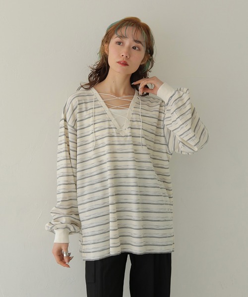 CLEIO(クレイオ)の「【CLEIO】レースアップワッフルボーダートップス LACE-UP WAFFLE BORDER TOPS(Tシャツ/カットソー・レディース・ブルー/アイボリー/グレー・FREE)」の17枚目の写真