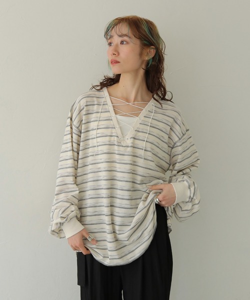 CLEIO(クレイオ)の「【CLEIO】レースアップワッフルボーダートップス LACE-UP WAFFLE BORDER TOPS(Tシャツ/カットソー・レディース・ブルー/アイボリー/グレー・FREE)」の18枚目の写真