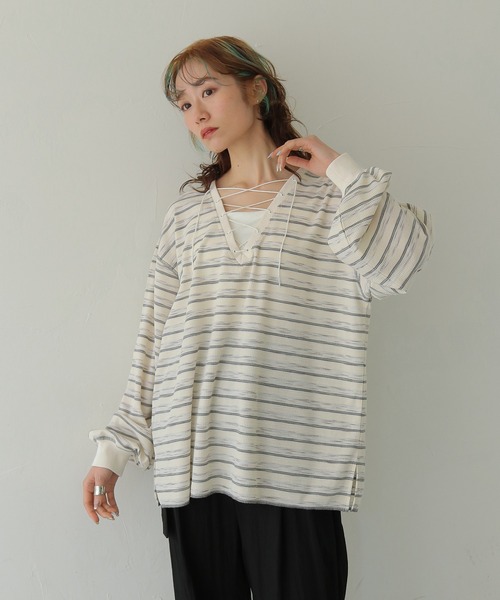 CLEIO(クレイオ)の「【CLEIO】レースアップワッフルボーダートップス LACE-UP WAFFLE BORDER TOPS(Tシャツ/カットソー・レディース・ブルー/アイボリー/グレー・FREE)」の20枚目の写真
