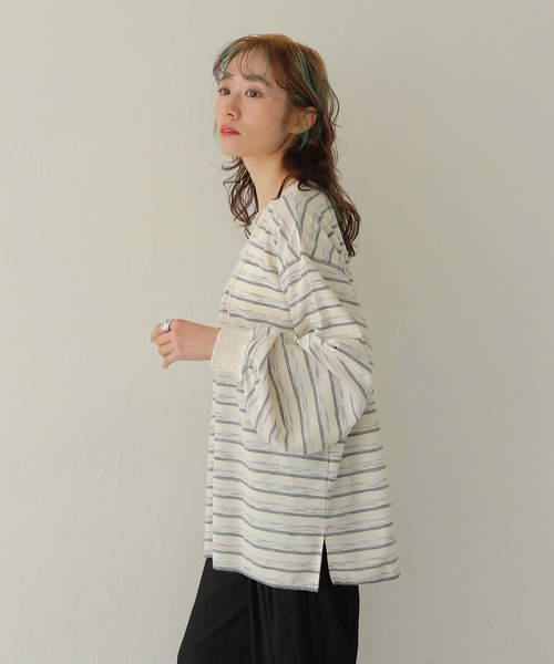 CLEIO(クレイオ)の「【CLEIO】レースアップワッフルボーダートップス LACE-UP WAFFLE BORDER TOPS(Tシャツ/カットソー・レディース・ブルー/アイボリー/グレー・FREE)」の21枚目の写真