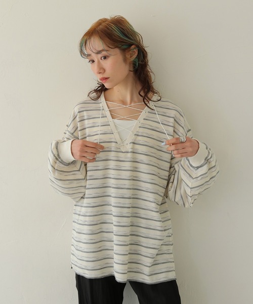 CLEIO(クレイオ)の「【CLEIO】レースアップワッフルボーダートップス LACE-UP WAFFLE BORDER TOPS(Tシャツ/カットソー・レディース・ブルー/アイボリー/グレー・FREE)」の19枚目の写真