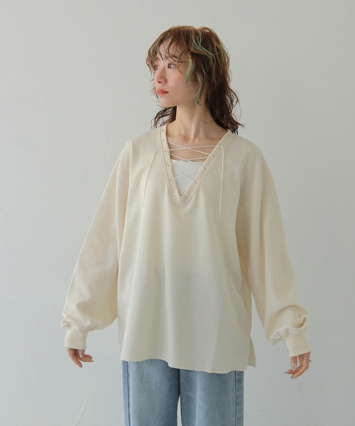 CLEIO(クレイオ)の「【CLEIO】レースアップワッフルボーダートップス LACE-UP WAFFLE BORDER TOPS(Tシャツ/カットソー・レディース・ブルー/アイボリー/グレー・FREE)」の5枚目の写真