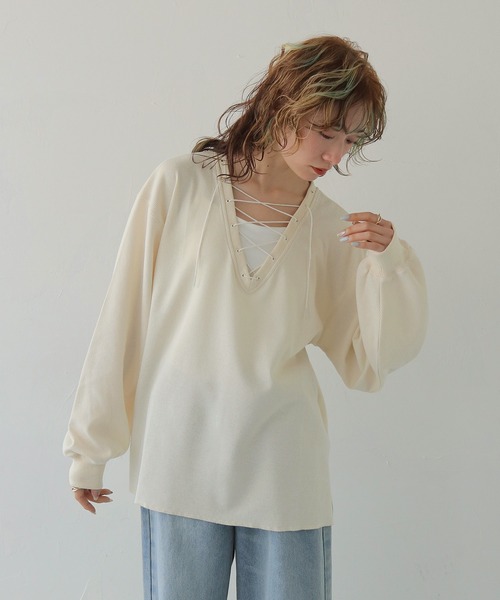 CLEIO(クレイオ)の「【CLEIO】レースアップワッフルボーダートップス LACE-UP WAFFLE BORDER TOPS(Tシャツ/カットソー・レディース・ブルー/アイボリー/グレー・FREE)」の6枚目の写真