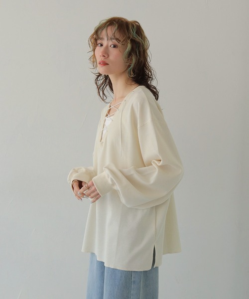 CLEIO(クレイオ)の「【CLEIO】レースアップワッフルボーダートップス LACE-UP WAFFLE BORDER TOPS(Tシャツ/カットソー・レディース・ブルー/アイボリー/グレー・FREE)」の7枚目の写真