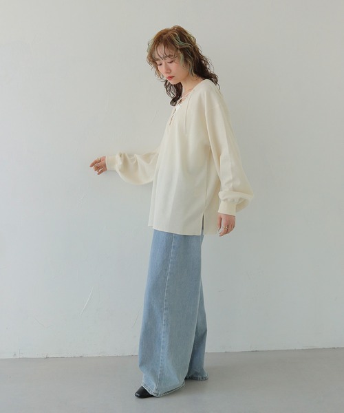 CLEIO(クレイオ)の「【CLEIO】レースアップワッフルボーダートップス LACE-UP WAFFLE BORDER TOPS(Tシャツ/カットソー・レディース・ブルー/アイボリー/グレー・FREE)」の15枚目の写真