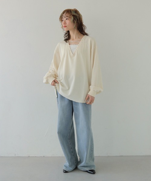 CLEIO(クレイオ)の「【CLEIO】レースアップワッフルボーダートップス LACE-UP WAFFLE BORDER TOPS(Tシャツ/カットソー・レディース・ブルー/アイボリー/グレー・FREE)」の11枚目の写真