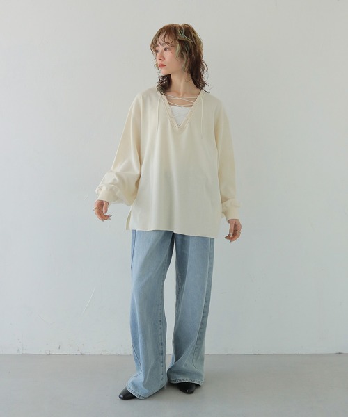 CLEIO(クレイオ)の「【CLEIO】レースアップワッフルボーダートップス LACE-UP WAFFLE BORDER TOPS(Tシャツ/カットソー・レディース・ブルー/アイボリー/グレー・FREE)」の12枚目の写真