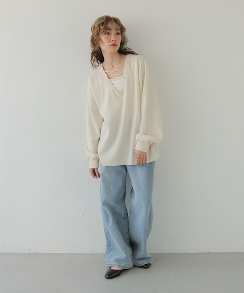 CLEIO(クレイオ)の「【CLEIO】レースアップワッフルボーダートップス LACE-UP WAFFLE BORDER TOPS(Tシャツ/カットソー・レディース・ブルー/アイボリー/グレー・FREE)」の13枚目の写真