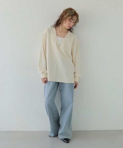 CLEIO(クレイオ)の「【CLEIO】レースアップワッフルボーダートップス LACE-UP WAFFLE BORDER TOPS(Tシャツ/カットソー・レディース・ブルー/アイボリー/グレー・FREE)」の14枚目の写真