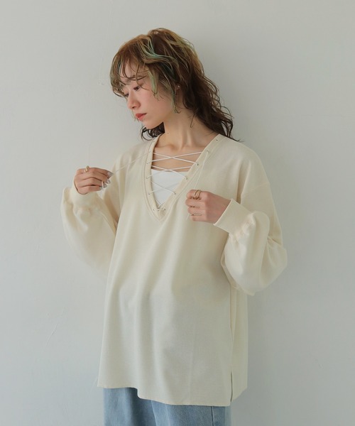 CLEIO(クレイオ)の「【CLEIO】レースアップワッフルボーダートップス LACE-UP WAFFLE BORDER TOPS(Tシャツ/カットソー・レディース・ブルー/アイボリー/グレー・FREE)」の4枚目の写真