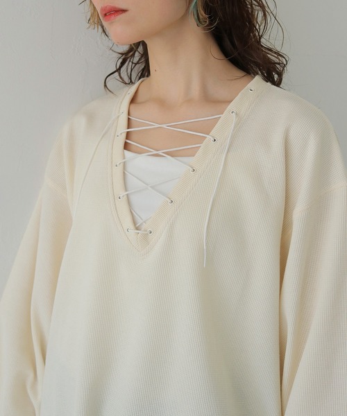 CLEIO(クレイオ)の「【CLEIO】レースアップワッフルボーダートップス LACE-UP WAFFLE BORDER TOPS(Tシャツ/カットソー・レディース・ブルー/アイボリー/グレー・FREE)」の9枚目の写真