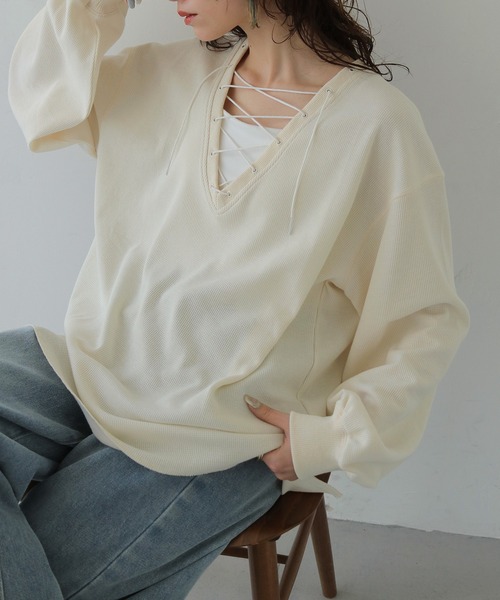CLEIO(クレイオ)の「【CLEIO】レースアップワッフルボーダートップス LACE-UP WAFFLE BORDER TOPS(Tシャツ/カットソー・レディース・ブルー/アイボリー/グレー・FREE)」の10枚目の写真