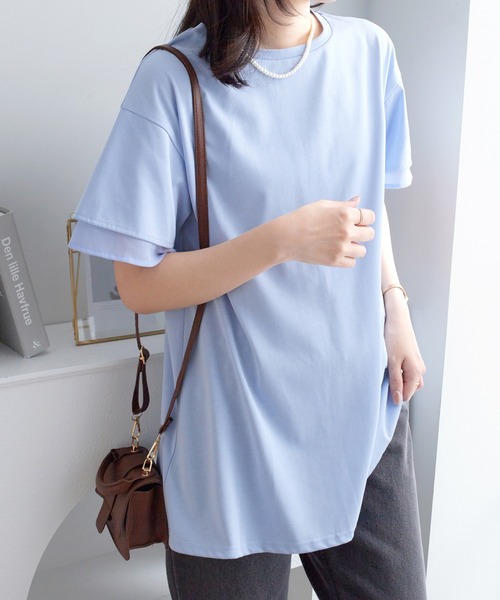 alotta（アロッタ）の「【サラっと快適×体型カバー】袖口シフォンフレアスリーブＴシャツチュニック＜接触冷感＞（Tシャツ/カットソー・レディース・オフホワイト/ブラック/ピンク/ブルー系その他/ネイビー・LL/L/M）」の4枚目の写真