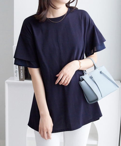 alotta（アロッタ）の「【サラっと快適×体型カバー】袖口シフォンフレアスリーブＴシャツチュニック＜接触冷感＞（Tシャツ/カットソー・レディース・オフホワイト/ブラック/ピンク/ブルー系その他/ネイビー・LL/L/M）」の3枚目の写真