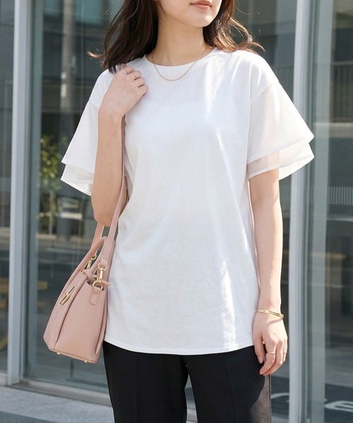 alotta（アロッタ）の「【サラっと快適×体型カバー】袖口シフォンフレアスリーブＴシャツチュニック＜接触冷感＞（Tシャツ/カットソー・レディース・オフホワイト/ブラック/ピンク/ブルー系その他/ネイビー・LL/L/M）」の2枚目の写真
