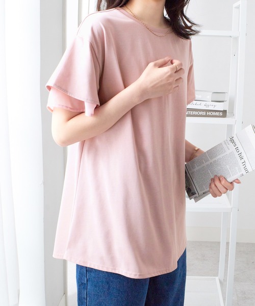 alotta（アロッタ）の「【サラっと快適×体型カバー】袖口シフォンフレアスリーブＴシャツチュニック＜接触冷感＞（Tシャツ/カットソー・レディース・オフホワイト/ブラック/ピンク/ブルー系その他/ネイビー・LL/L/M）」の5枚目の写真