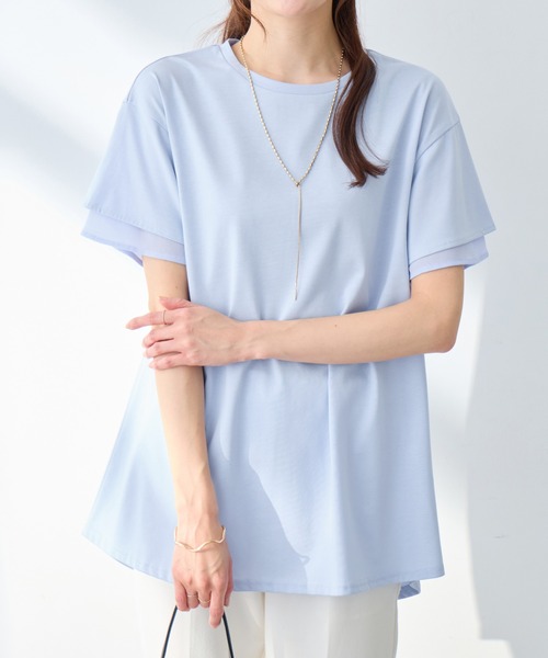 alotta（アロッタ）の「【サラっと快適×体型カバー】袖口シフォンフレアスリーブＴシャツチュニック＜接触冷感＞（Tシャツ/カットソー・レディース・オフホワイト/ブラック/ピンク/ブルー系その他/ネイビー・LL/L/M）」の11枚目の写真