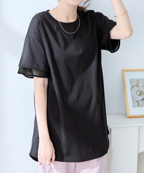 alotta（アロッタ）の「【サラっと快適×体型カバー】袖口シフォンフレアスリーブＴシャツチュニック＜接触冷感＞（Tシャツ/カットソー・レディース・オフホワイト/ブラック/ピンク/ブルー系その他/ネイビー・LL/L/M）」の22枚目の写真