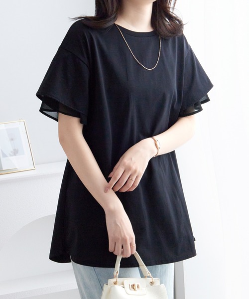alotta（アロッタ）の「【サラっと快適×体型カバー】袖口シフォンフレアスリーブＴシャツチュニック＜接触冷感＞（Tシャツ/カットソー・レディース・オフホワイト/ブラック/ピンク/ブルー系その他/ネイビー・LL/L/M）」の16枚目の写真