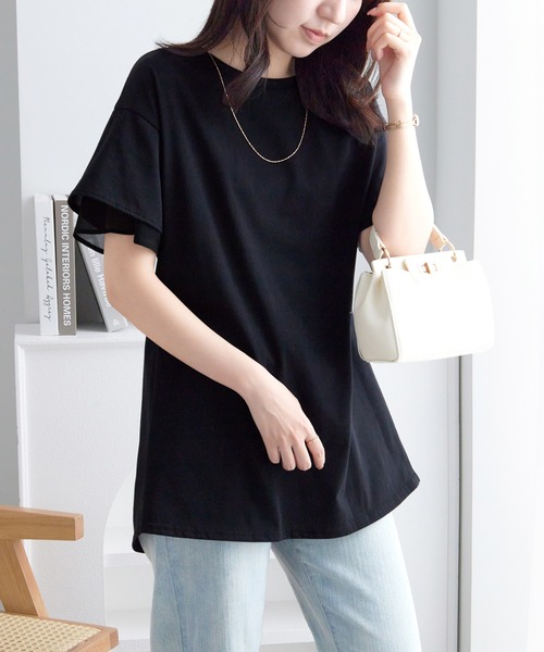 alotta（アロッタ）の「【サラっと快適×体型カバー】袖口シフォンフレアスリーブＴシャツチュニック＜接触冷感＞（Tシャツ/カットソー・レディース・オフホワイト/ブラック/ピンク/ブルー系その他/ネイビー・LL/L/M）」の17枚目の写真