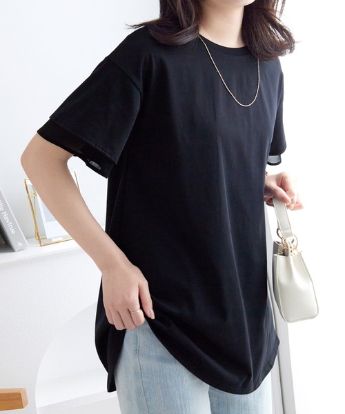 alotta（アロッタ）の「【サラっと快適×体型カバー】袖口シフォンフレアスリーブＴシャツチュニック＜接触冷感＞（Tシャツ/カットソー・レディース・オフホワイト/ブラック/ピンク/ブルー系その他/ネイビー・LL/L/M）」の18枚目の写真