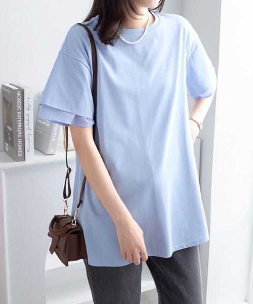 alotta（アロッタ）の「【サラっと快適×体型カバー】袖口シフォンフレアスリーブＴシャツチュニック＜接触冷感＞（Tシャツ/カットソー・レディース・オフホワイト/ブラック/ピンク/ブルー系その他/ネイビー・LL/L/M）」の6枚目の写真