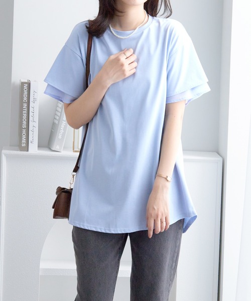 alotta（アロッタ）の「【サラっと快適×体型カバー】袖口シフォンフレアスリーブＴシャツチュニック＜接触冷感＞（Tシャツ/カットソー・レディース・オフホワイト/ブラック/ピンク/ブルー系その他/ネイビー・LL/L/M）」の7枚目の写真