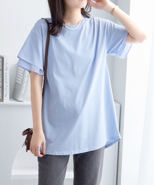 alotta（アロッタ）の「【サラっと快適×体型カバー】袖口シフォンフレアスリーブＴシャツチュニック＜接触冷感＞（Tシャツ/カットソー・レディース・オフホワイト/ブラック/ピンク/ブルー系その他/ネイビー・LL/L/M）」の8枚目の写真