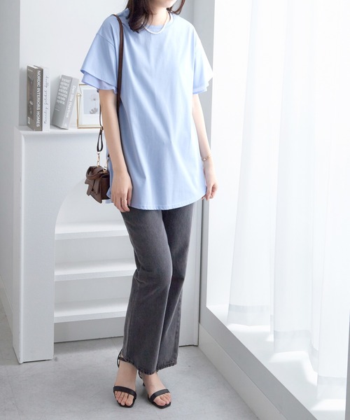 alotta（アロッタ）の「【サラっと快適×体型カバー】袖口シフォンフレアスリーブＴシャツチュニック＜接触冷感＞（Tシャツ/カットソー・レディース・オフホワイト/ブラック/ピンク/ブルー系その他/ネイビー・LL/L/M）」の9枚目の写真