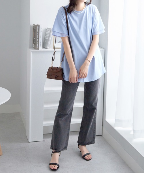 alotta（アロッタ）の「【サラっと快適×体型カバー】袖口シフォンフレアスリーブＴシャツチュニック＜接触冷感＞（Tシャツ/カットソー・レディース・オフホワイト/ブラック/ピンク/ブルー系その他/ネイビー・LL/L/M）」の10枚目の写真