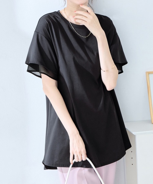 alotta（アロッタ）の「【サラっと快適×体型カバー】袖口シフォンフレアスリーブＴシャツチュニック＜接触冷感＞（Tシャツ/カットソー・レディース・オフホワイト/ブラック/ピンク/ブルー系その他/ネイビー・LL/L/M）」の21枚目の写真