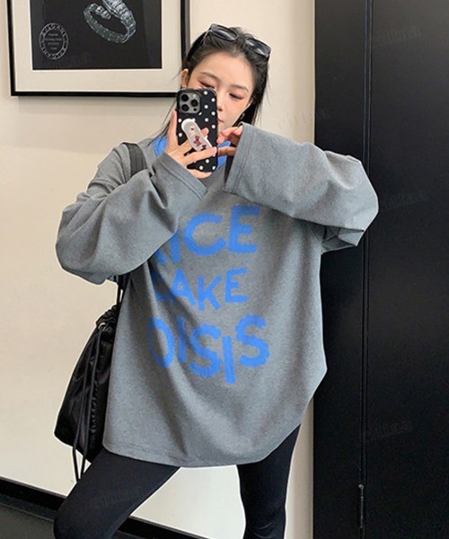 Dalfwin(ダールフィン)の「韓国ファッション RICECAKE配色デザインレースプリントロゴ長袖Tシャツ(Tシャツ/カットソー・レディース・グレー・FREE)」の14枚目の写真