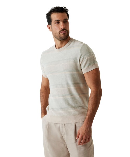 Guess(ゲス)の「LUDO Stitched Stripes Sweater ニット サマーニット(ニット/セーター・メンズ・オレンジ/ベージュ・XX-LARGE/SMALL/MEDIUM/LARGE/X-LARGE)」の3枚目の写真