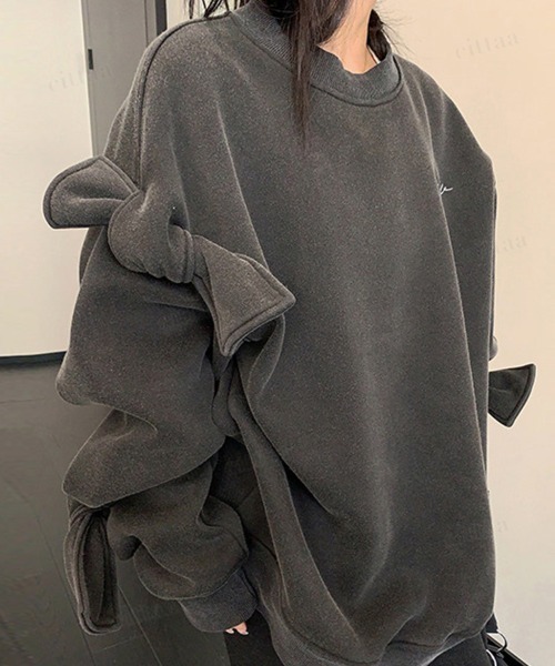 Dalfwin（ダールフィン）の「韓国ファッション ricecake刺繍ロゴBIG袖リボンスウェット（スウェット・レディース・ライトグレー/ブラック・FREE）」の3枚目の写真