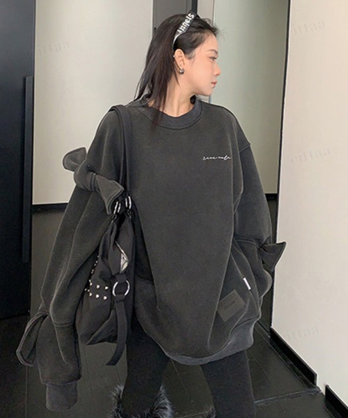 Dalfwin（ダールフィン）の「韓国ファッション ricecake刺繍ロゴBIG袖リボンスウェット（スウェット・レディース・ライトグレー/ブラック・FREE）」の4枚目の写真