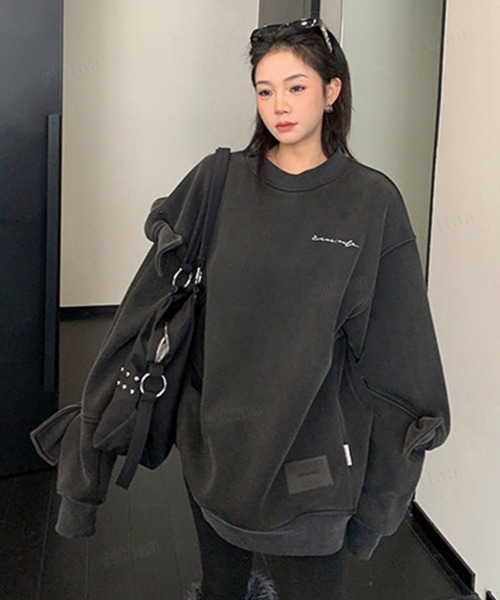 Dalfwin（ダールフィン）の「韓国ファッション ricecake刺繍ロゴBIG袖リボンスウェット（スウェット・レディース・ライトグレー/ブラック・FREE）」の5枚目の写真