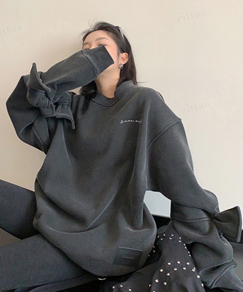 Dalfwin（ダールフィン）の「韓国ファッション ricecake刺繍ロゴBIG袖リボンスウェット（スウェット・レディース・ライトグレー/ブラック・FREE）」の7枚目の写真