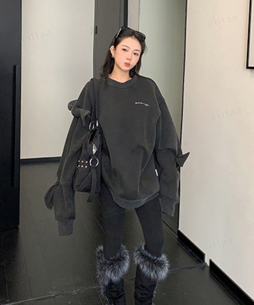 Dalfwin（ダールフィン）の「韓国ファッション ricecake刺繍ロゴBIG袖リボンスウェット（スウェット・レディース・ライトグレー/ブラック・FREE）」の8枚目の写真