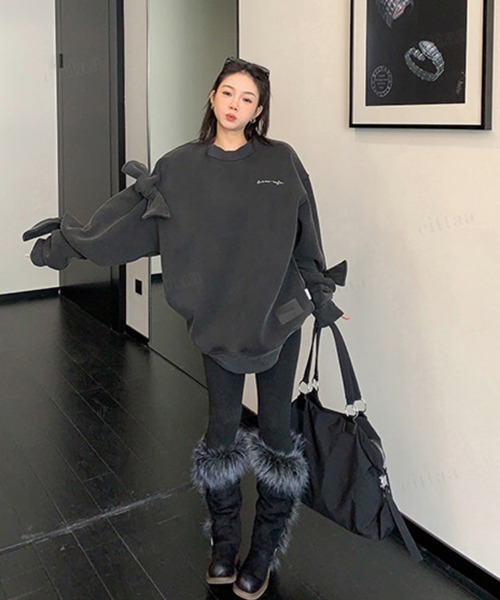 Dalfwin（ダールフィン）の「韓国ファッション ricecake刺繍ロゴBIG袖リボンスウェット（スウェット・レディース・ライトグレー/ブラック・FREE）」の9枚目の写真