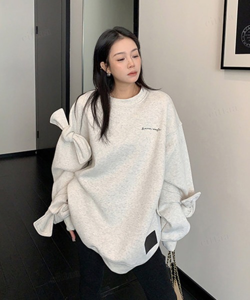 Dalfwin（ダールフィン）の「韓国ファッション ricecake刺繍ロゴBIG袖リボンスウェット（スウェット・レディース・ライトグレー/ブラック・FREE）」の10枚目の写真