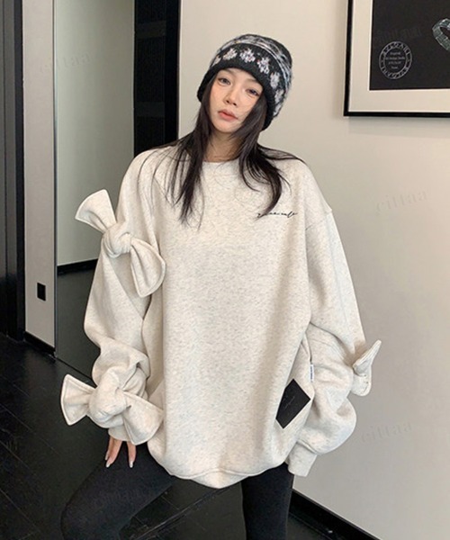Dalfwin（ダールフィン）の「韓国ファッション ricecake刺繍ロゴBIG袖リボンスウェット（スウェット・レディース・ライトグレー/ブラック・FREE）」の11枚目の写真
