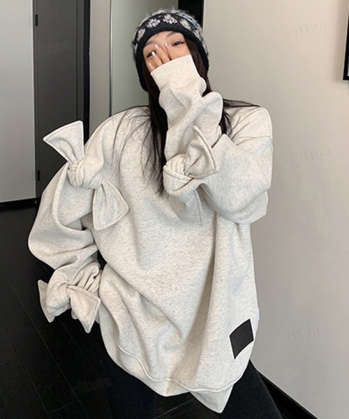 Dalfwin（ダールフィン）の「韓国ファッション ricecake刺繍ロゴBIG袖リボンスウェット（スウェット・レディース・ライトグレー/ブラック・FREE）」の13枚目の写真