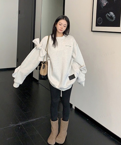 Dalfwin（ダールフィン）の「韓国ファッション ricecake刺繍ロゴBIG袖リボンスウェット（スウェット・レディース・ライトグレー/ブラック・FREE）」の15枚目の写真