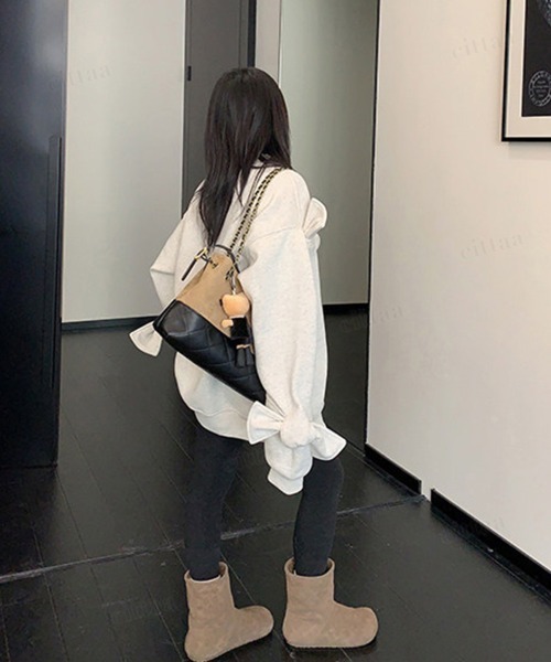Dalfwin（ダールフィン）の「韓国ファッション ricecake刺繍ロゴBIG袖リボンスウェット（スウェット・レディース・ライトグレー/ブラック・FREE）」の16枚目の写真