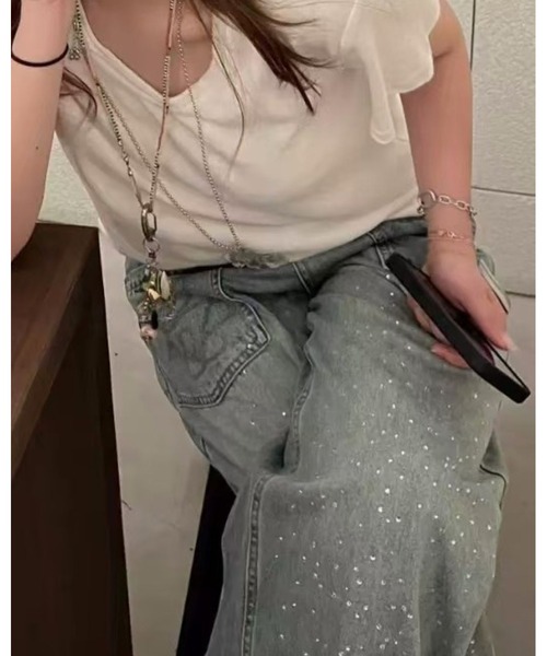 CHEER（チアー）の「スパンコール付きデニムワイドパンツ（デニムパンツ・レディース・ブルー・L）」の9枚目の写真