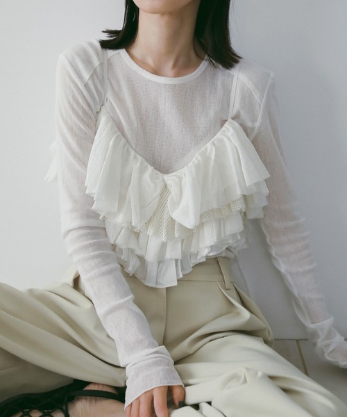 anuke(アンヌーク)の「Mesh Frill Camisole(キャミソール・レディース・ホワイト/ブラック・FREE)」の4枚目の写真