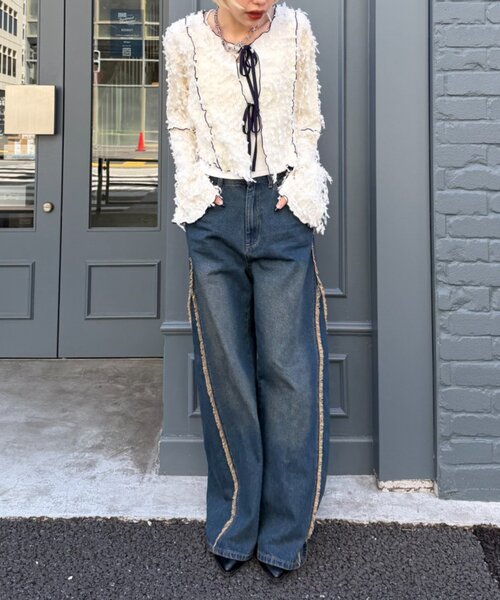 w closet(ダブルクローゼット)の「フリンジ前リボンボレロ カーディガン(シャツ/ブラウス・レディース・ブラック/アイボリー/ブルー/ピンク・FREE)」の6枚目の写真