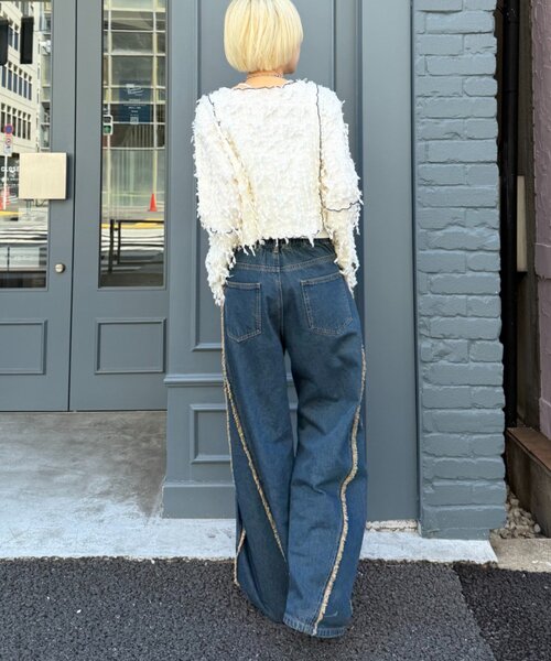 新品タグ付き　Mewl リボンフリンジカーデ　ブルー w closet（ダブルクローゼット）の「フリンジ前リボンボレロ