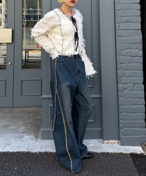 w closet(ダブルクローゼット)の「フリンジ前リボンボレロ カーディガン(シャツ/ブラウス・レディース・ブラック/アイボリー/ブルー/ピンク・FREE)」の8枚目の写真